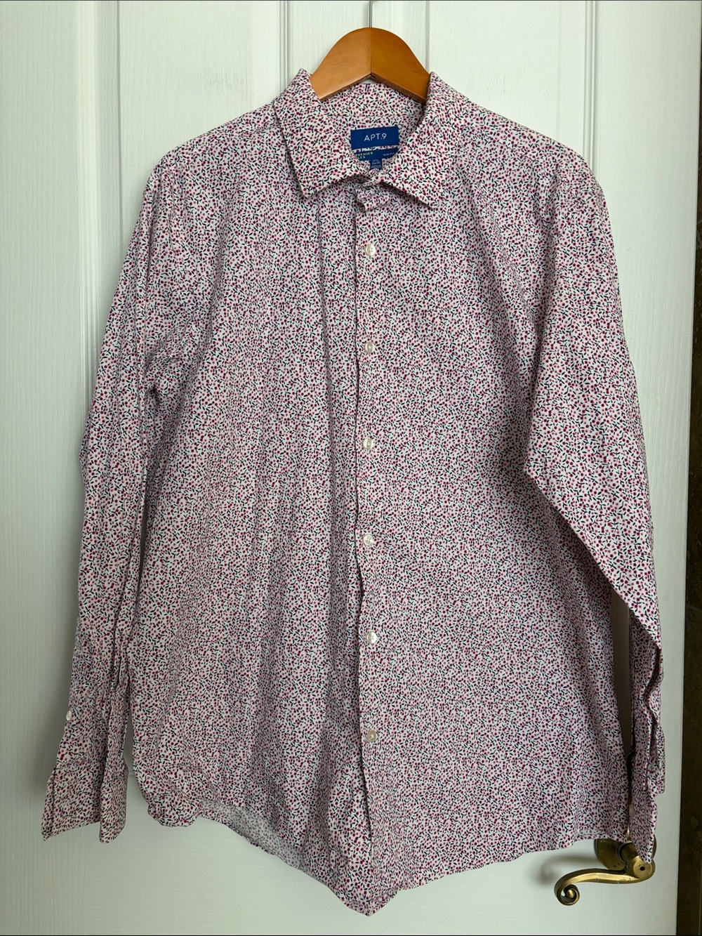 APT 9 - premier flex, slim fit.  Red and pink tiny flowers.  Dress shirt.